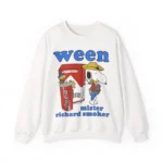 White crewneck sweatshirt mockup with “ween” and “mister richard smoker” cartoon graphic.
