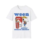 White t-shirt mockup with “ween” text and “mister richard smoker” cartoon graphic on the chest.