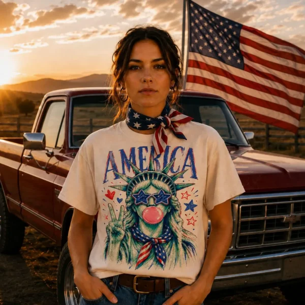"AMERICA" Statue of Liberty Bubble Gum Shirt