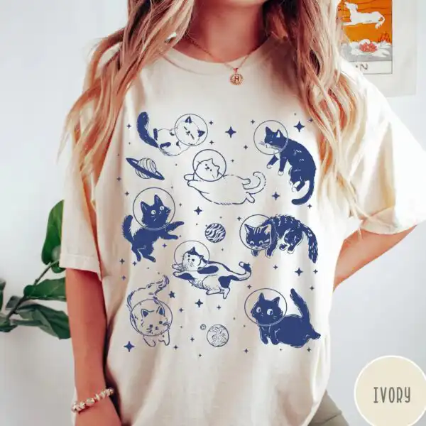 Cats in Space Oversized Retro Aesthetic Graphic Shirt