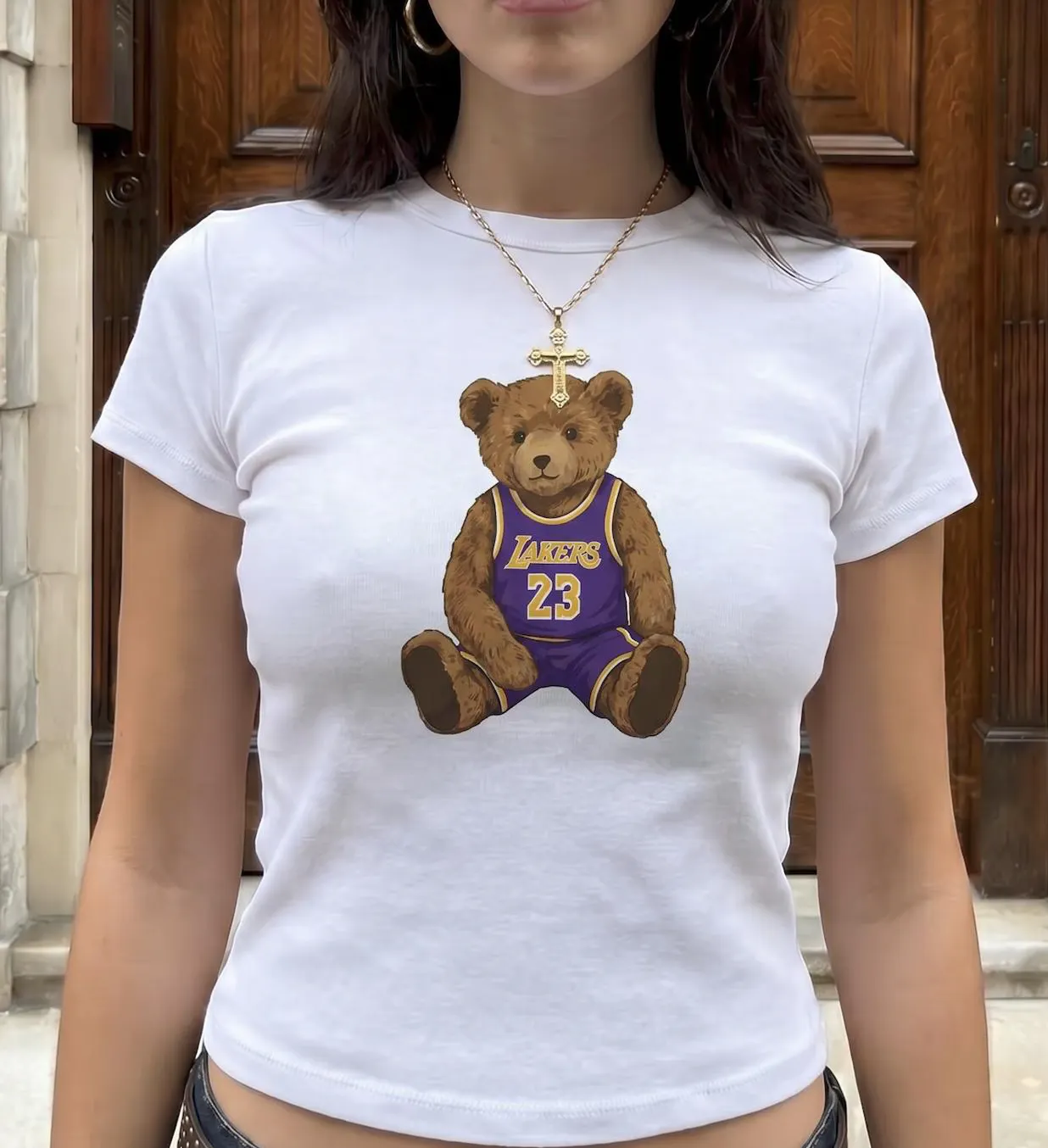 Lakers 23 Teddy Bear Vintage Basketball Baby Tee Lakers 23 Teddy Bear Vintage Basketball Baby Tee