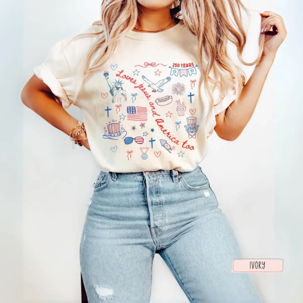 Loves Jesus and America Too Shirt — Christian Patriotic Design