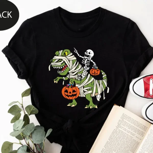 Skeleton Riding Dinosaur Mummy Halloween Graphic Shirt