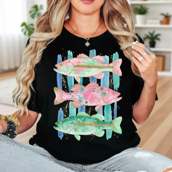 Colorful Bass Fish Graphic Lake Angler Fishing Shirt