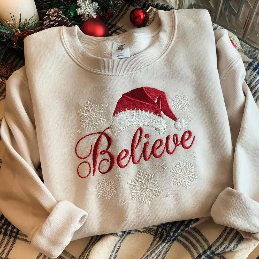 “Believe” Embroidered Christmas Sweatshirt "Believe" Embroidered Christmas Sweatshirt