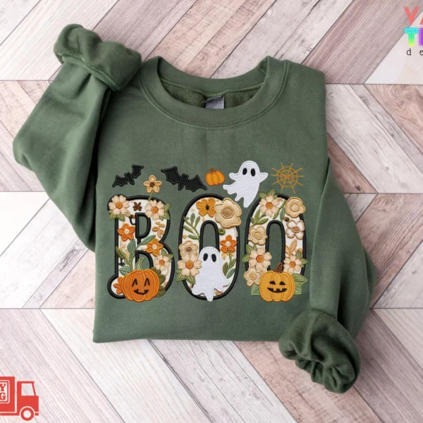 "BOO" Cottagecore Ghost Floral Halloween Sweatshirt