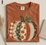 Fall Pumpkin Checkered Patchwork Crewneck Sweatshirt
