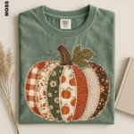 Fall Pumpkin Checkered Patchwork Crewneck Sweatshirt