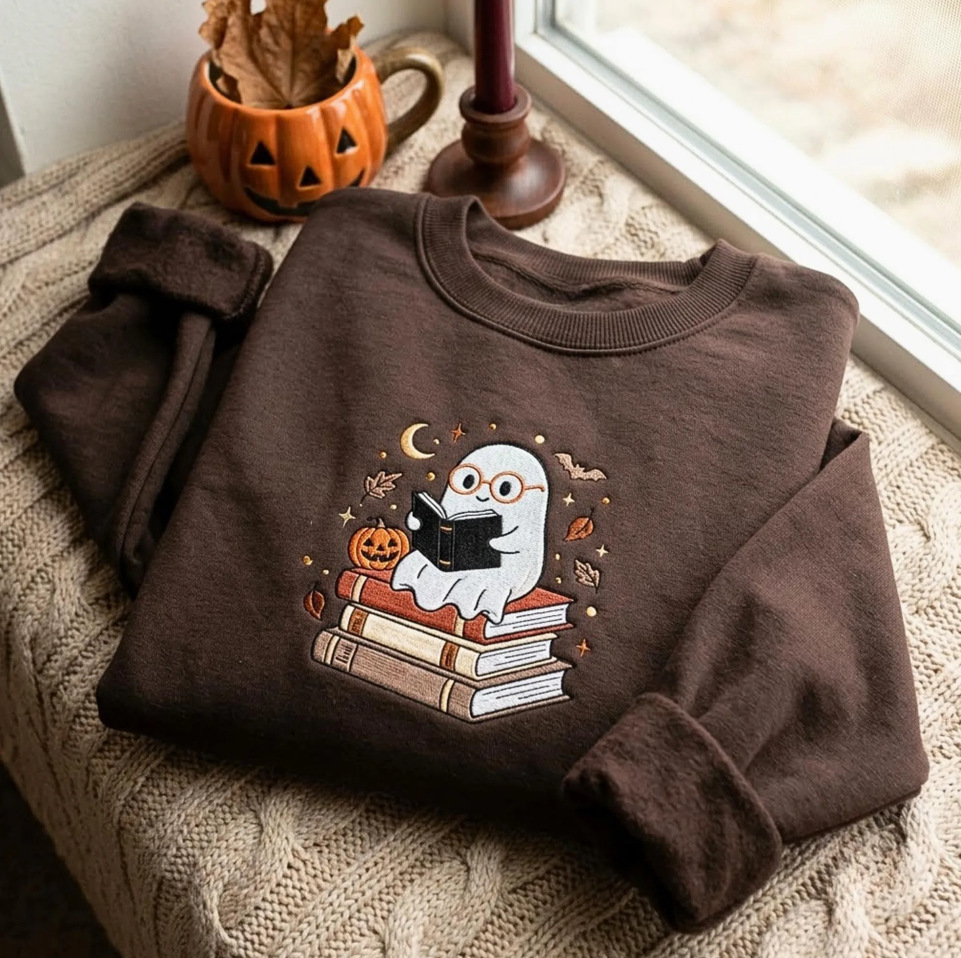 Ghost Reading Books Embroidered Sweatshirt — Book Lover Ghost Reading Books Embroidered Sweatshirt — Book Lover