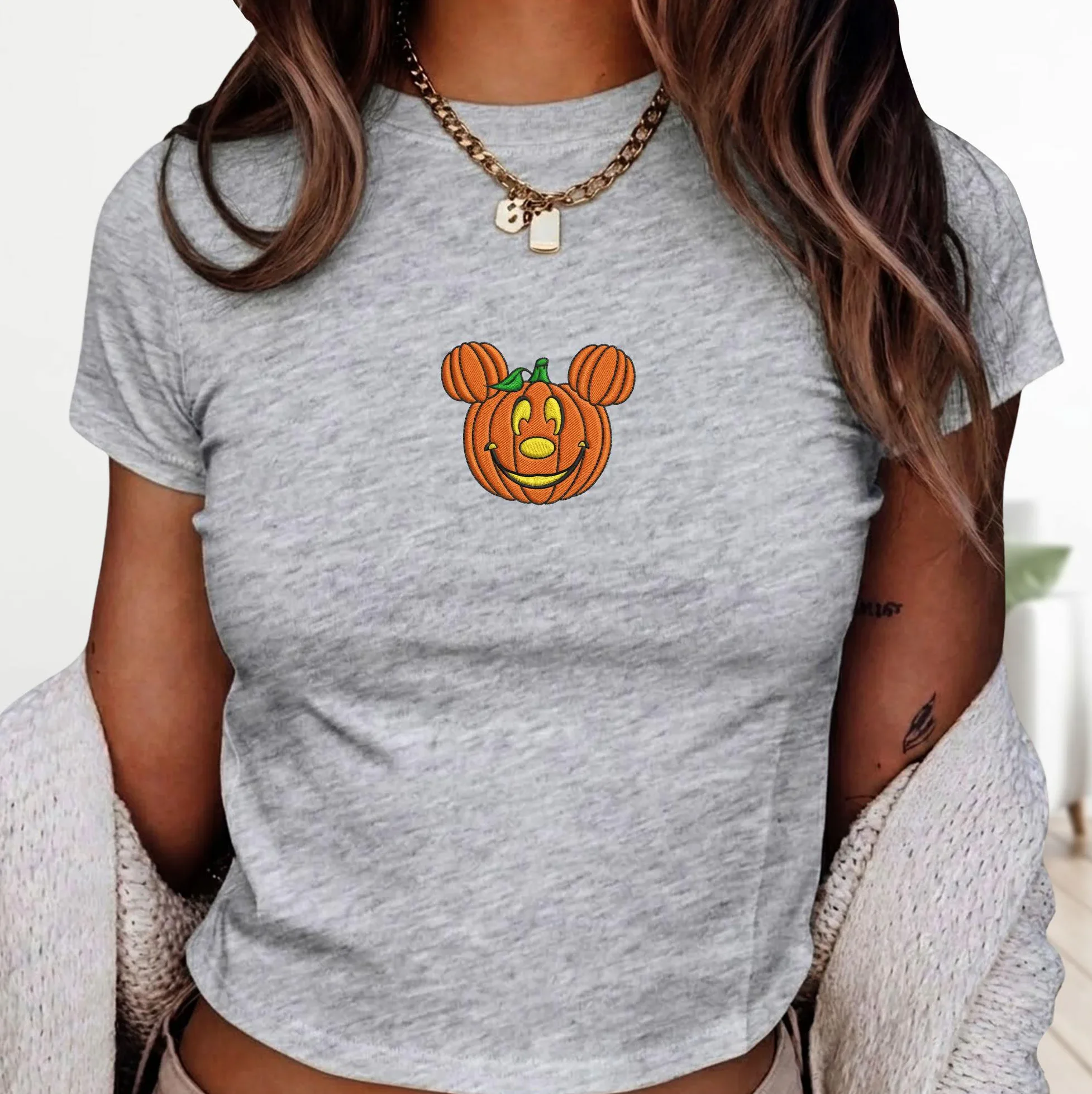 Halloween Disneyland Mickey Pumpkin Embroidered Shirt Baby Tee Halloween Disneyland Mickey Pumpkin Embroidered Shirt Baby Tee