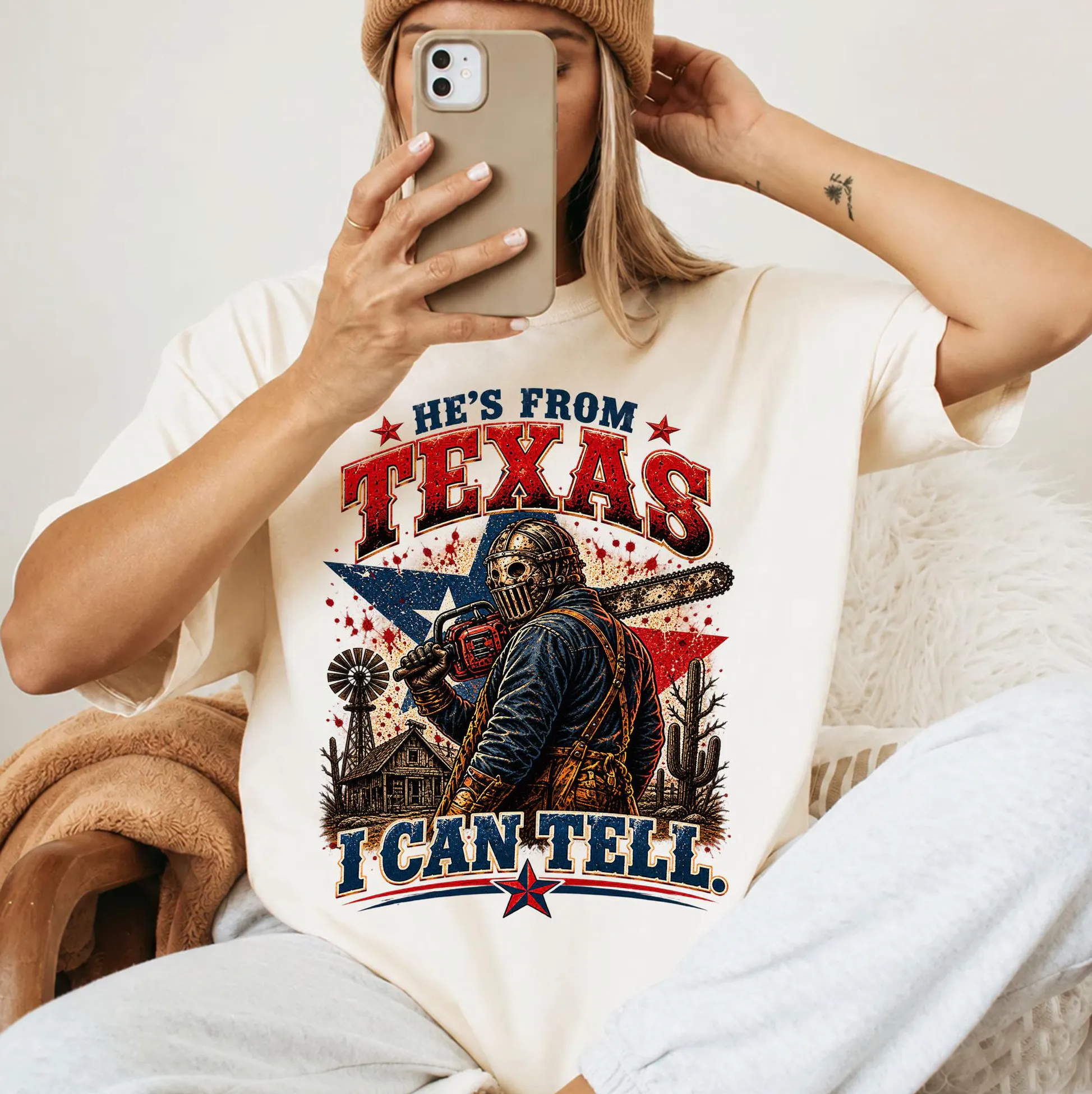He’s From Texas I Can Tell Chainsaw Horror Graphic Shirt He's From Texas I Can Tell Chainsaw Horror Graphic Shirt