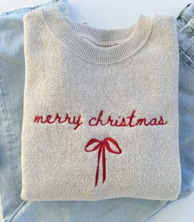 Merry Christmas Embroidered Sweatshirt with Red Bow