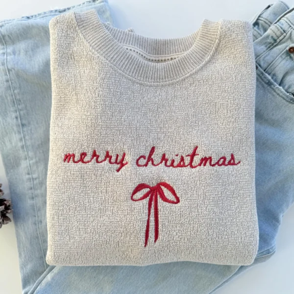 Merry Christmas Embroidered Sweatshirt with Red Bow