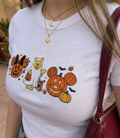 Mickey Pumpkin & Minnie Ghost — Embroidered Disney Halloween Baby Tee