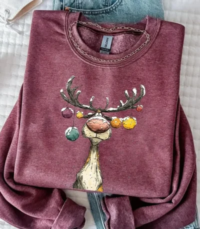 Retro Reindeer Merry Christmas Long Sleeve Sweatshirt