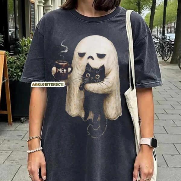 Spooky Ghost Cat Meh Coffee Halloween Unisex Shirt