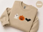 Spooky Season Embroidered Ghost Pumpkin Bat Crewneck Sweatshirt