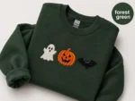 Spooky Season Embroidered Ghost Pumpkin Bat Crewneck Sweatshirt