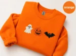Spooky Season Embroidered Ghost Pumpkin Bat Crewneck Sweatshirt