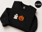 Spooky Season Embroidered Ghost Pumpkin Bat Crewneck Sweatshirt