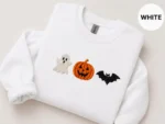Spooky Season Embroidered Ghost Pumpkin Bat Crewneck Sweatshirt