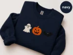 Spooky Season Embroidered Ghost Pumpkin Bat Crewneck Sweatshirt