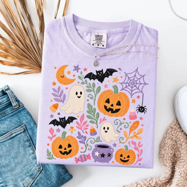 Spooky Season Graphic Tee with Cute Ghosts and Pumpkins Shirt