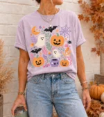 Spooky Season Graphic Tee with Cute Ghosts and Pumpkins Shirt