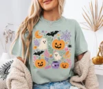 Spooky Season Graphic Tee with Cute Ghosts and Pumpkins Shirt
