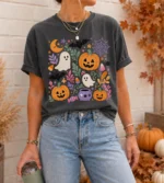 Spooky Season Graphic Tee with Cute Ghosts and Pumpkins Shirt