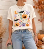 Spooky Season Graphic Tee with Cute Ghosts and Pumpkins Shirt