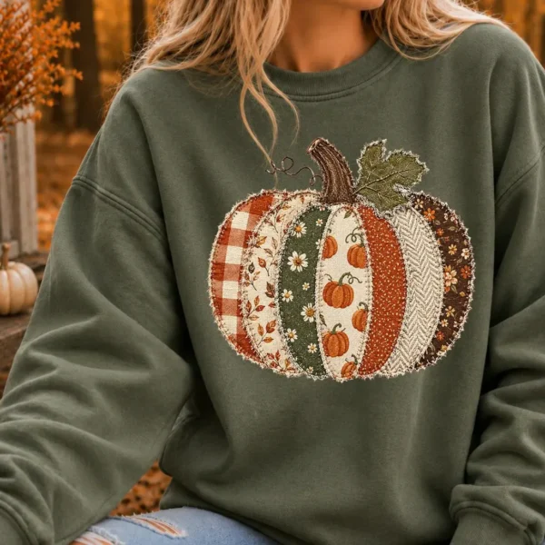 Patchwork Pumpkin Sweatshirt — Women's Fall Shirt