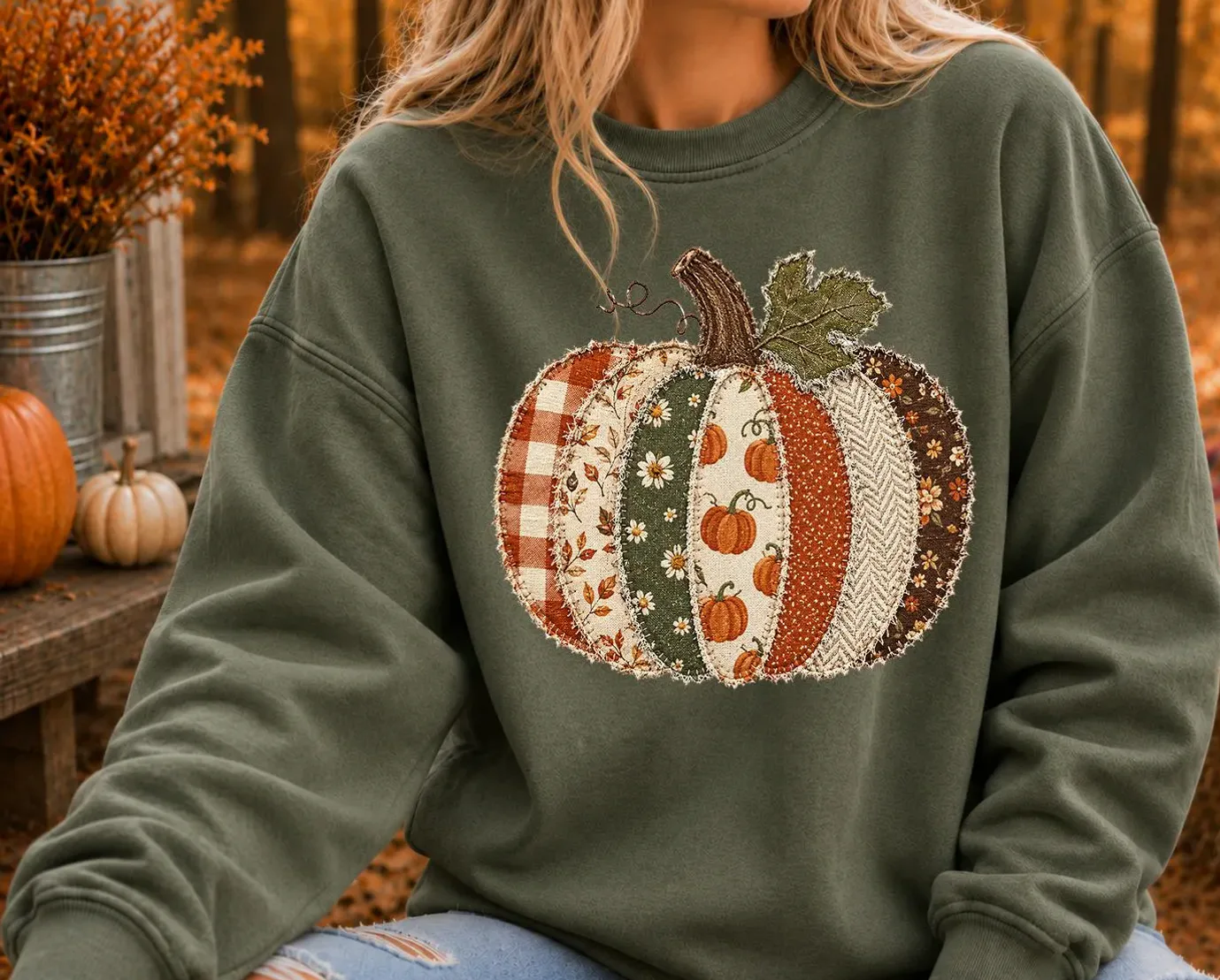 Patchwork Pumpkin Sweatshirt — Women’s Fall Shirt Patchwork Pumpkin Sweatshirt — Women's Fall Shirt