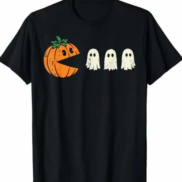 Pumpkin Eating Ghost Retro Arcade Halloween Shirt