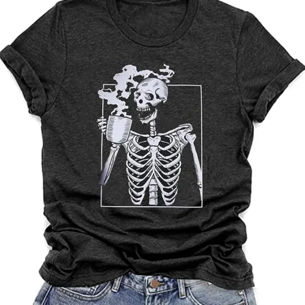 Skeleton Holding Coffee Shirt — Funny Fall Graphic